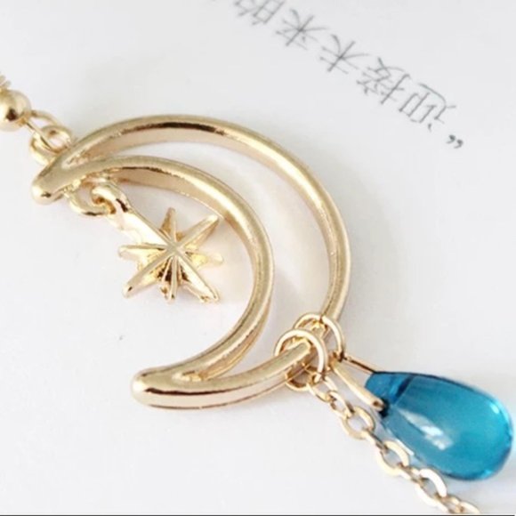 3/$30 GOLD MOON STARS BLUE WATER DROPS EARRINGS - Picture 8 of 8